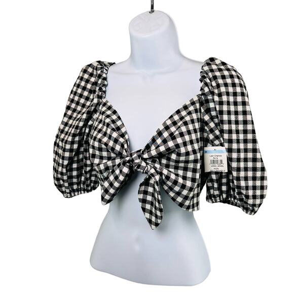 WAYF Womens SZ Large Black/White Buffalo Check Knot Front Linen Blend Crop Top - Picture 5 of 6